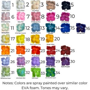 May include: A chart of 34 different colors of EVA foam, each color is labeled with a number and a descriptive name. The colors are arranged in rows and columns, and the chart is titled "Notes: Colors are spray painted over similar color EVA foam. Tones may vary."