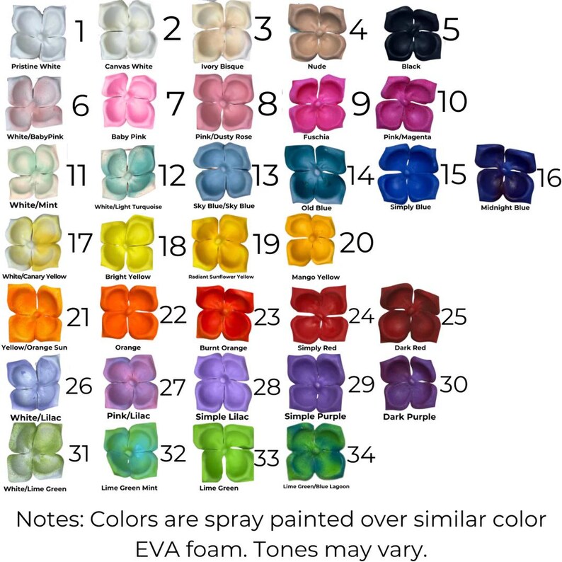 May include: A chart of 34 different colors of EVA foam, each color is labeled with a number and a descriptive name. The colors are arranged in rows and columns, and the chart is titled "Notes: Colors are spray painted over similar color EVA foam. Tones may vary."