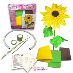 May include: DIY Giant Foam Flower Kit to create a large sunflower. The kit includes foam pieces in yellow, green, and brown, along with a stem, leaves, and instructions. The finished sunflower is approximately 30 inches tall.