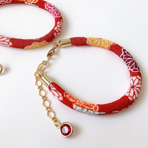 Kimono Style Chirimen Bracelet, Japanese Fabric Bracelet with Crystal Accent