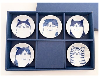 Set of 5 Japanese Minoyaki Cats Mini Plate, Kawaii Cute Cat Portrait, Sauce Plate, Cat Design, Mini Dish Gift Set, Made In Japan