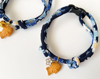 Japanese Kimono Cat Collar: Taiyaki Charm, Breakaway Buckle, Chirimen Cord, Sakura, Light & Soft Adjustable