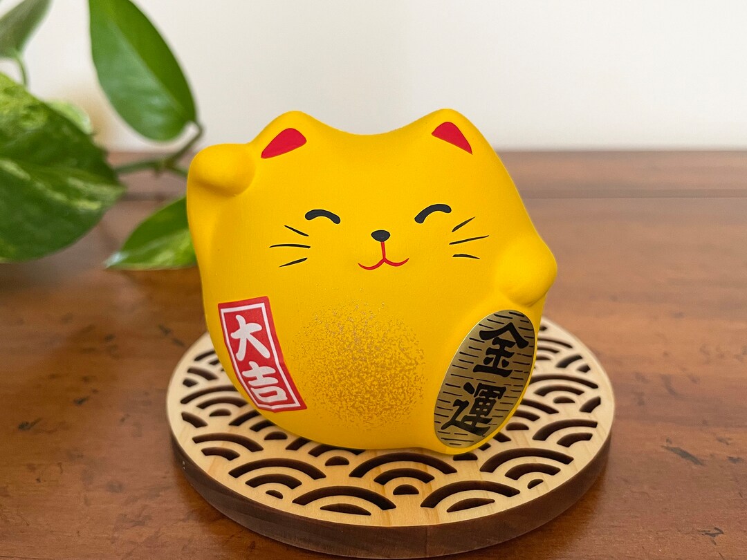 Yellow Japanese Lucky Cat Statue Maneki Neko Wealth Etsy