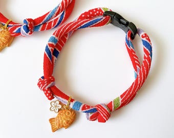 Japanese Kimono Cat Collar: Taiyaki Charm, Breakaway Buckle, Chirimen Cord, Sakura, Light & Soft Adjustable