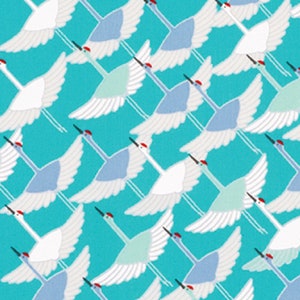 May include: A repeating pattern of white, blue, and green cranes flying against a turquoise background. The cranes are stylized and have long necks and wings.