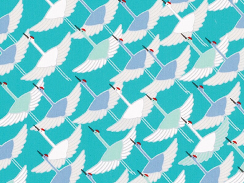 May include: A repeating pattern of white, blue, and green cranes flying against a turquoise background. The cranes are stylized and have long necks and wings.