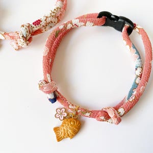 Japanese Kimono Cat Collar: Taiyaki Charm, Breakaway Buckle