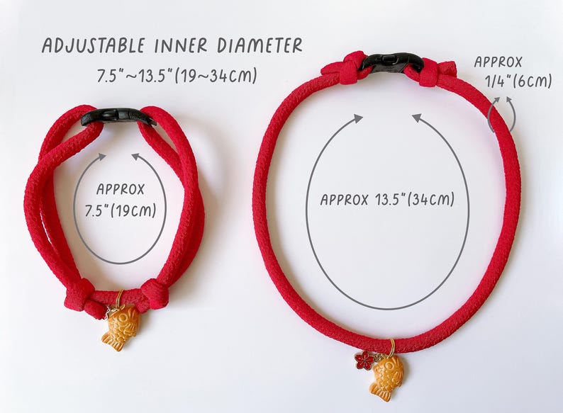 May include: Two red rope pet collars with black clasps and gold-colored charms. The smaller collar has an approximate inner diameter of 7.5 inches (19 cm). The larger collar has an approximate inner diameter of 13.5 inches (34 cm). Text reads: ADJUSTABLE INNER DIAMETER 7.5"~13.5" (19~34CM).