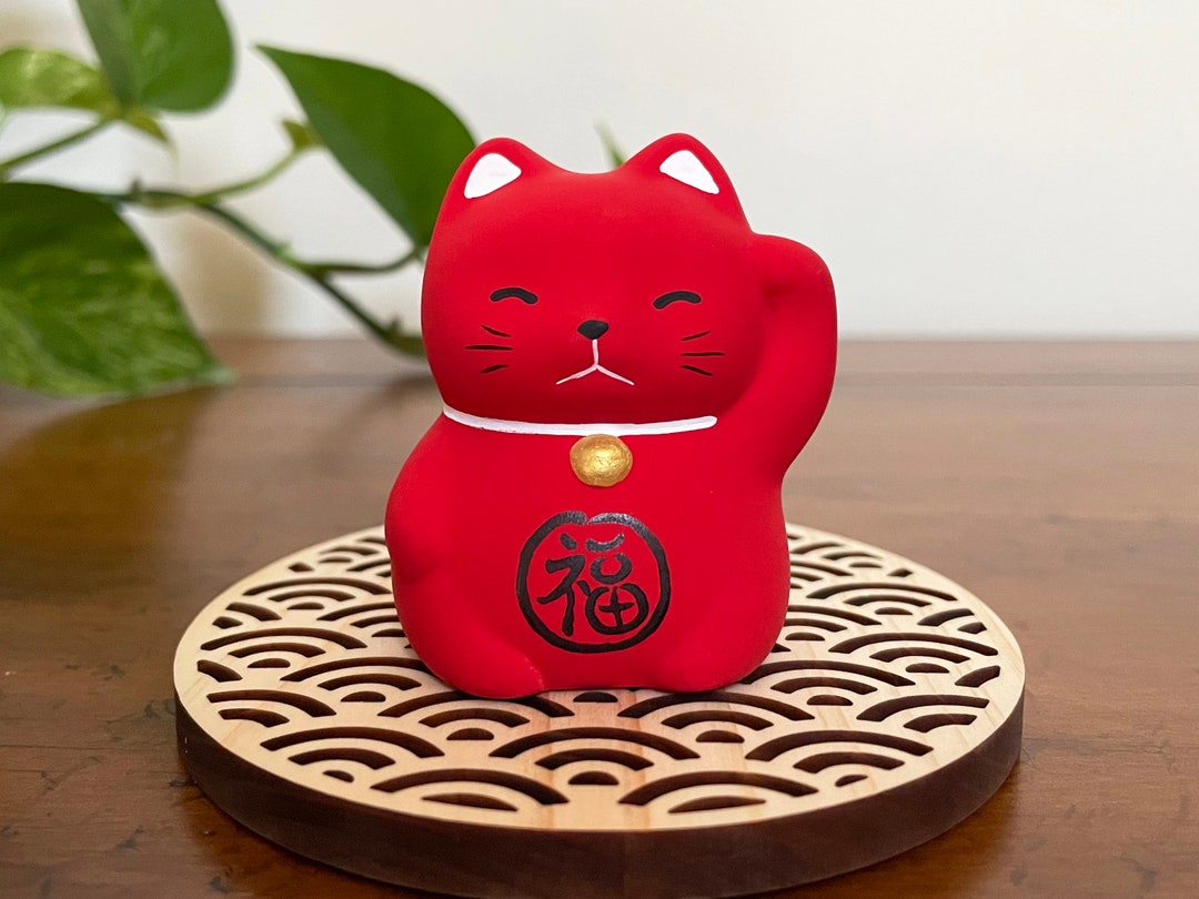 Red Japanese Lucky Cat Statue, Maneki Neko, Beckoning Waving Cat for