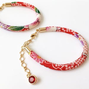Kimono Style Chirimen Bracelet, Japanese Fabric Bracelet with Crystal Accent