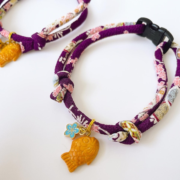 Japanese Kimono Cat Collar: Taiyaki Charm, Breakaway Buckle, Chirimen Cord, Sakura, Light & Soft Adjustable
