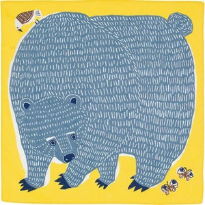 Furoshiki 50x50cm, Cotton kata kata musubi Bear & Bird Yellow, Japanese Furoshiki, Gift Wrapping Cloth, Japan Gifts, Eco Friendly Gift Wrap