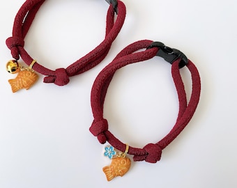 Japanese Kimono Cat Collar: Taiyaki Charm, Breakaway Buckle, Chirimen Cord, Sakura, Light & Soft Adjustable