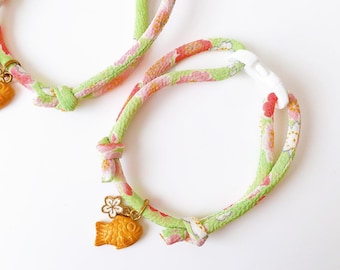 Japanese Kimono Cat Collar: Taiyaki Charm, Breakaway Buckle, Chirimen Cord, Sakura, Light & Soft Adjustable