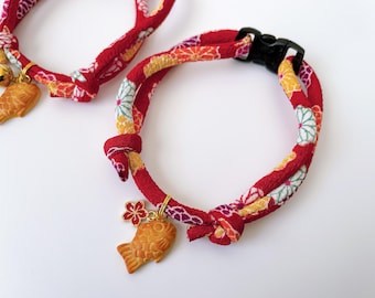 Japanese Kimono Cat Collar: Taiyaki Charm, Breakaway Buckle, Chirimen Cord, Sakura, Light & Soft Adjustable