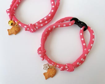 Japanese Kimono Cat Collar: Taiyaki Charm, Breakaway Buckle, Chirimen Cord, Sakura, Light & Soft Adjustable