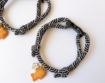 Japanese Kimono Cat Collar: Taiyaki Charm, Breakaway Buckle