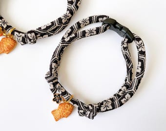 Japanese Kimono Cat Collar: Taiyaki Charm, Breakaway Buckle, Chirimen Cord, Sakura, Light & Soft Adjustable