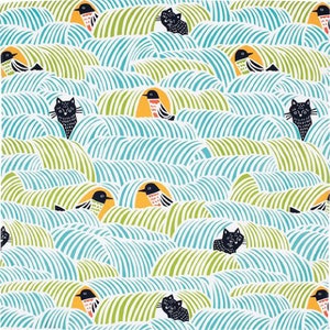 Japanese Cotton Furoshiki Wrap, Cats & Birds, Green Blue 70x70cm