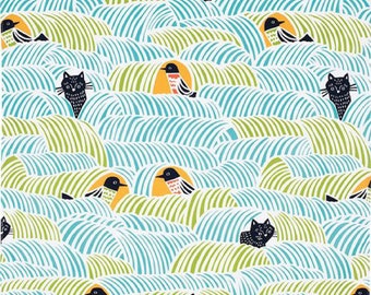 Japanese Cotton Furoshiki Wrap, Cats & Birds, Green Blue 70x70cm