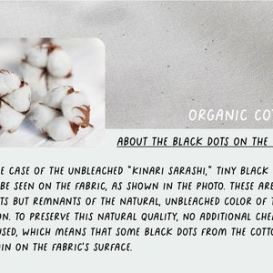 May include: Close-up of three white cotton bolls on a white surface. The text "ORGANIC COTTON" and "ABOUT THE BLACK DOTS ON THE FABRIC" is visible. The text below explains that the black dots are not defects but remnants of the natural, unbleached color of the cotton.