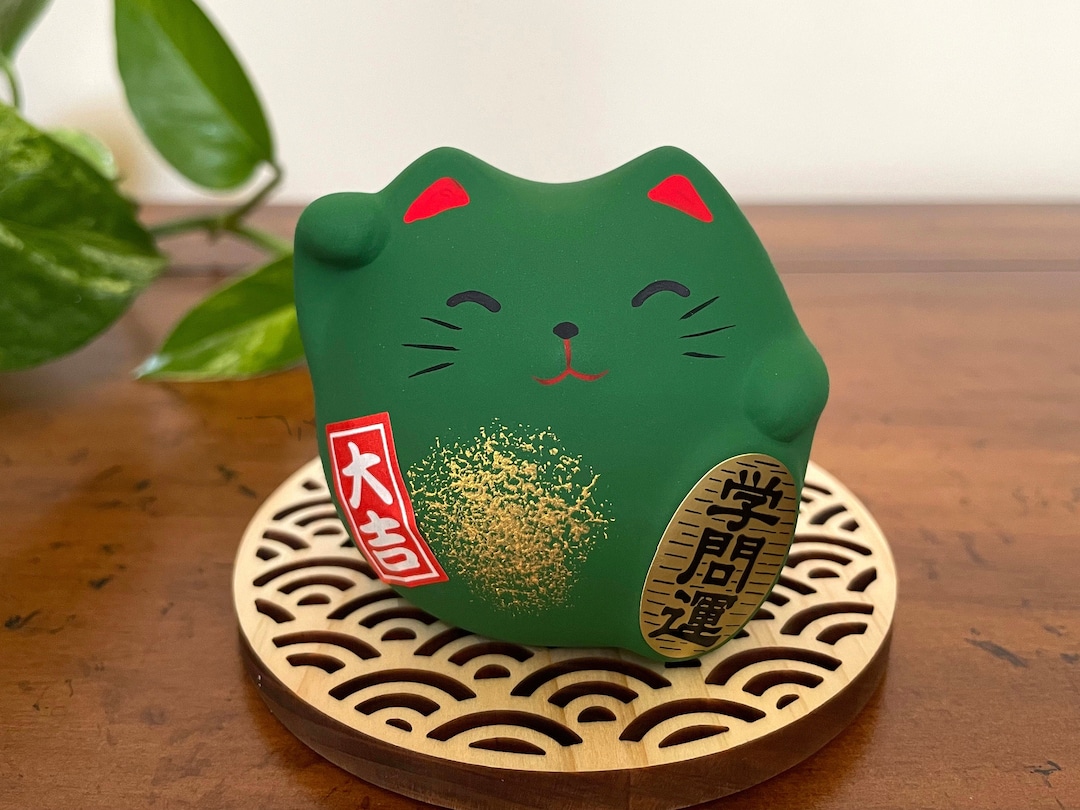 Green Japanese Lucky Cat Statue Maneki Neko, Academic Luck, Beckoning