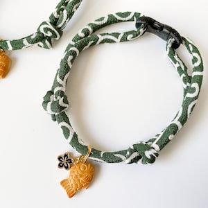 Japanese Kimono Cat Collar: Taiyaki Charm, Breakaway Buckle