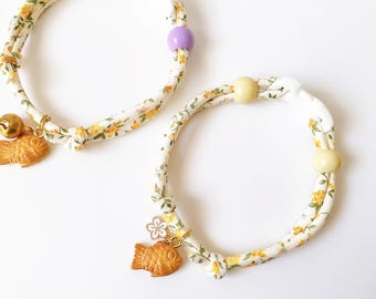 Adjustable Cat Collar, Taiyaki Charm, Floral, Japanese Cotton Cord, Breakaway Buckle, Sakura, Soft & Lightweight