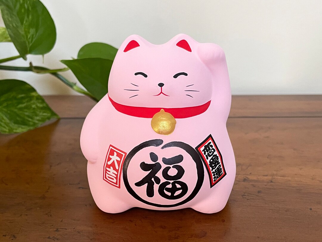 Pink Japanese Lucky Cat Statue Maneki Neko, Beckoning Waving Cat for