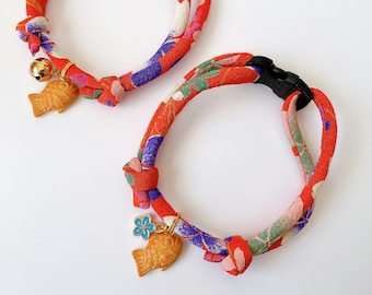 Japanese Kimono Cat Collar: Taiyaki Charm, Breakaway Buckle, Chirimen Cord, Sakura, Light & Soft Adjustable