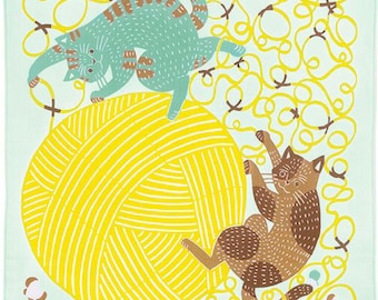 Japanese Organic Furoshiki Wrap, Cat & Yarn 50x50cm