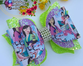 Handmade Hair bow, Mulan inspired hair bow, Princess hair bow, Girls hair bow, Moño para niña.