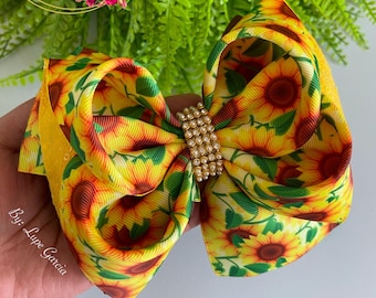 Sunflower Hair Bow, Sunflower Hairbow, Spring Hairbow, Girls Hair accessories, Moño con estampado de Girasoles.