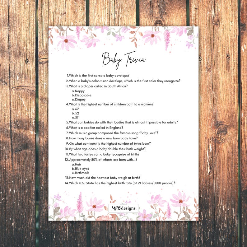 Baby Trivia Game, Pink, Floral, Printable, Downloadable, Baby Shower ...