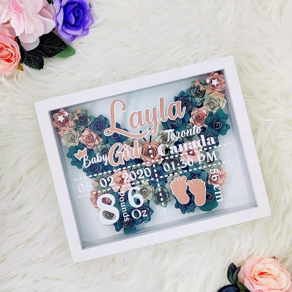 Personalized Birth Stat | Flower Shadow Box | Newborn Baby Gifts | Butterfly Shaped Flowers | Nursery Decor