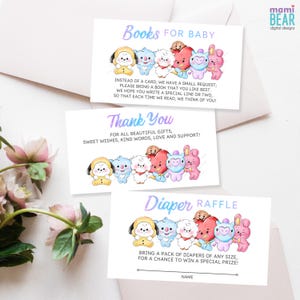 May include: Three baby shower cards with colorful cartoon characters. The cards read "Books for Baby", "Thank You", and "Diaper Raffle". The cards have a watercolor design and are on a white background.