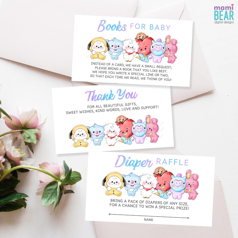 May include: Three baby shower cards with colorful cartoon characters. The cards read "Books for Baby", "Thank You", and "Diaper Raffle". The cards have a watercolor design and are on a white background.