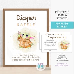 リトル ジェダイ グローグー おむつ ラッフル サイン & チケット。印刷可能なママになる人のためのデコレーション。妊娠、出産、ベビーシャワーのお祝い