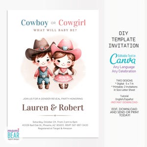 Convite para revelação do sexo do bebê de cowboy ou cowgirl. Festa de comemoração editável para impressão para menino ou menina. Ele ou Ela Convida. Anúncio de futuros pais