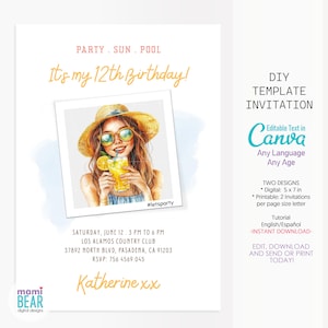 Invitation à une fête d'été à la piscine et à la plage. Invitation d'anniversaire pour filles Sunny Season. Célébration de la limonade pour les jeunes filles adolescentes. Carte imprimable modifiable