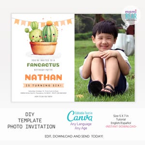 Cute Cactus Birthday Template Invitation . Succulents Desert Plants Lovers Celebration Party Photo Invite . Kids Editable Digital Card