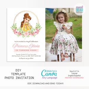 Modello di invito di compleanno della principessa Belle. Celebrazione della Bella e la Bestia. Invito alla festa reale floreale per ragazze. Scheda digitale modificabile per bambini.