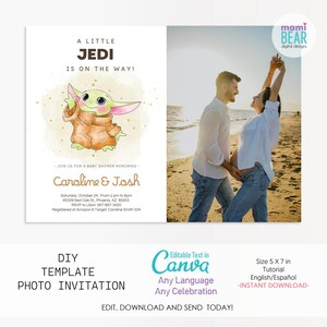 Convite para chá de bebê Pequeno Jedi. Modelo de convite fotográfico editável e imprimível da Grogu. Mãe para ser Bump Gravidez Maternidade Nascimento Celebração