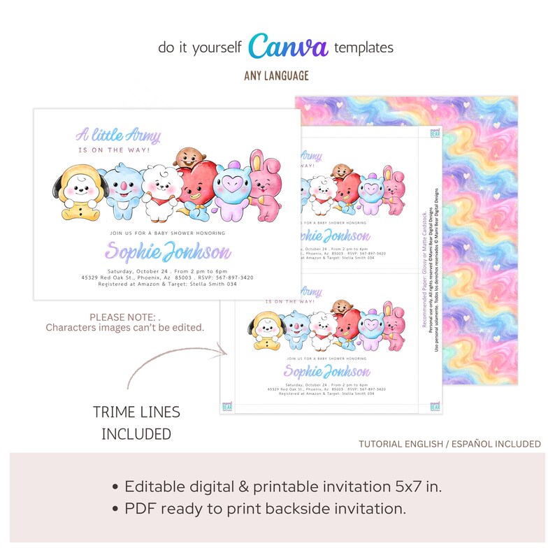 May include: Digital baby shower invitation template with the text "A little Army is on the way!" and the name "Sophie Jonhson". The invitation features colorful cartoon characters and includes trim lines. The template is 5x7 inches.