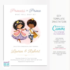 Convite para revelação do sexo do bebê. Festa de comemoração editável para impressão para menino ou menina. Ele ou Ela Convida. Pais para ser anúncio de gravidez bebê