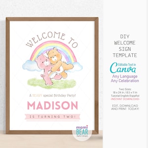 Cute Bear Welcome Sign Birthday Party. Editable Printable Template Rainbow Decoration. Girly Pink Kids Celebration