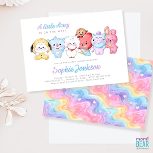 May include: A baby shower invitation featuring the text "A little Army is on the way!" and the name "Sophie Jonhson." The invitation has a watercolor design with cartoon characters and a colorful, swirling background.