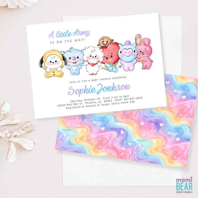 May include: A baby shower invitation featuring the text "A little Army is on the way!" and the name "Sophie Jonhson." The invitation has a watercolor design with cartoon characters and a colorful, swirling background.
