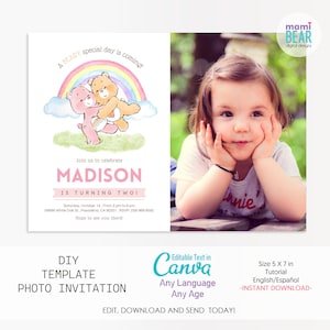 Cute Bear Birthday Party Photo Invitation . Editable Printable Template Rainbow Invite Celebration . Girly Pink Kids Digital Card