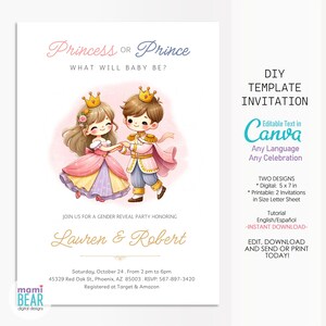 Convite para revelação do sexo do bebê. Festa de comemoração editável para impressão para menino ou menina. Ele ou Ela Convida. Pais para ser anúncio de gravidez bebê